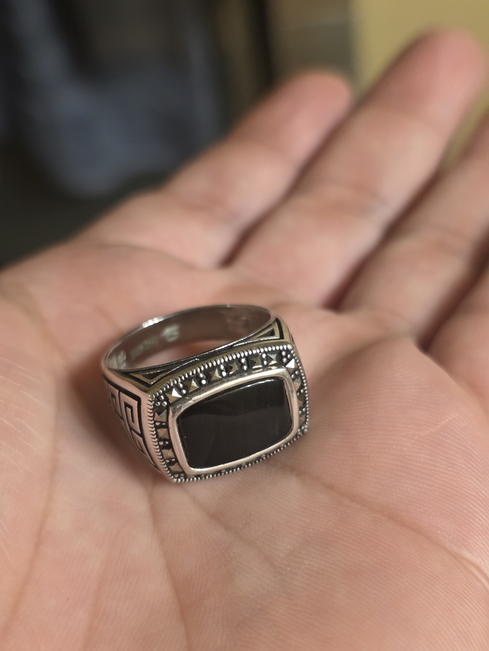 Stampd Silver Band Ring with Black Stone Center